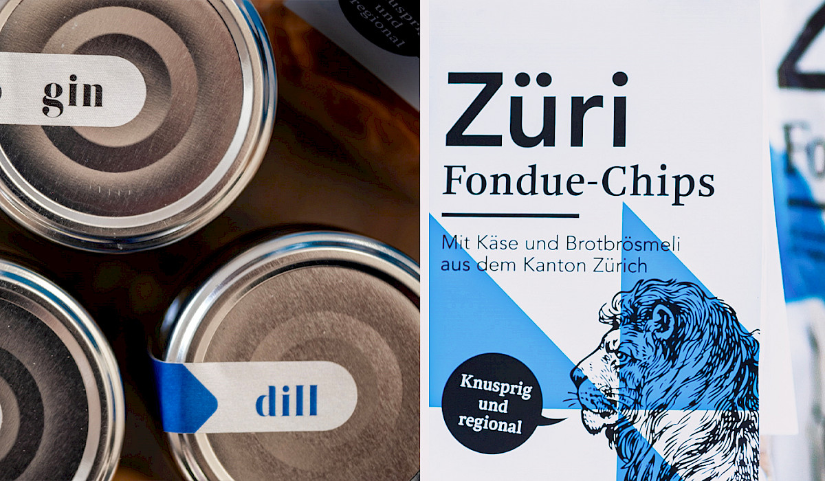 Zwei Stimmungsbilder Gurkengläsern und Fondue-/Fondue-Chips-Verpackung